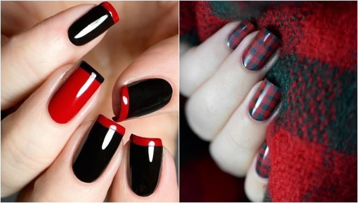 5 diseños de uñas cortas rojas con negro para una cena navideña romántica